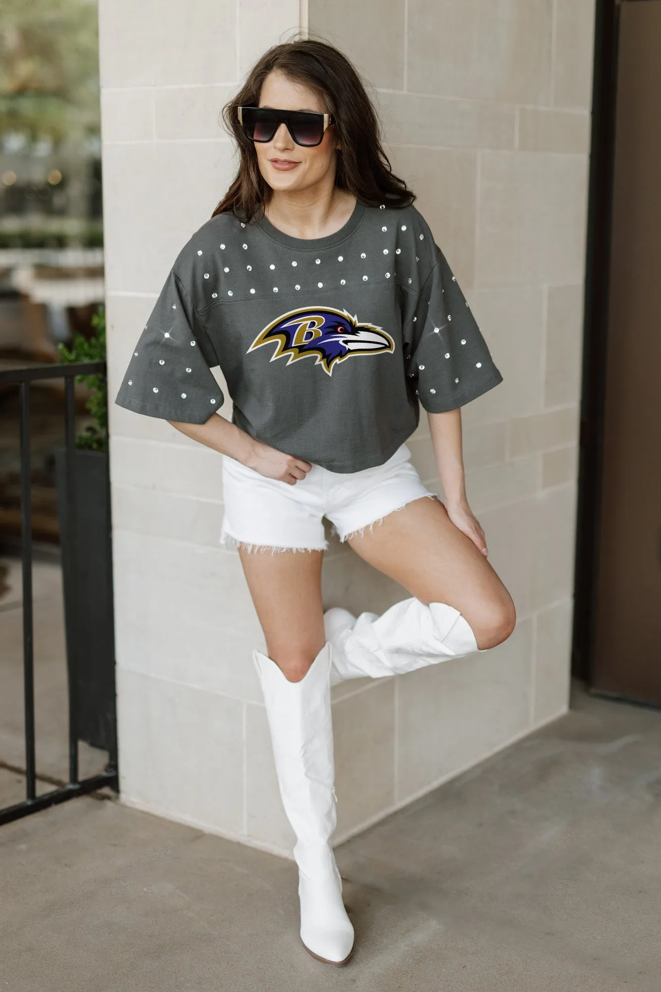 BALTIMORE RAVENS MAKING MOVES ALL-OVER RHINESTONE CROPPED TEE WITH YOKE