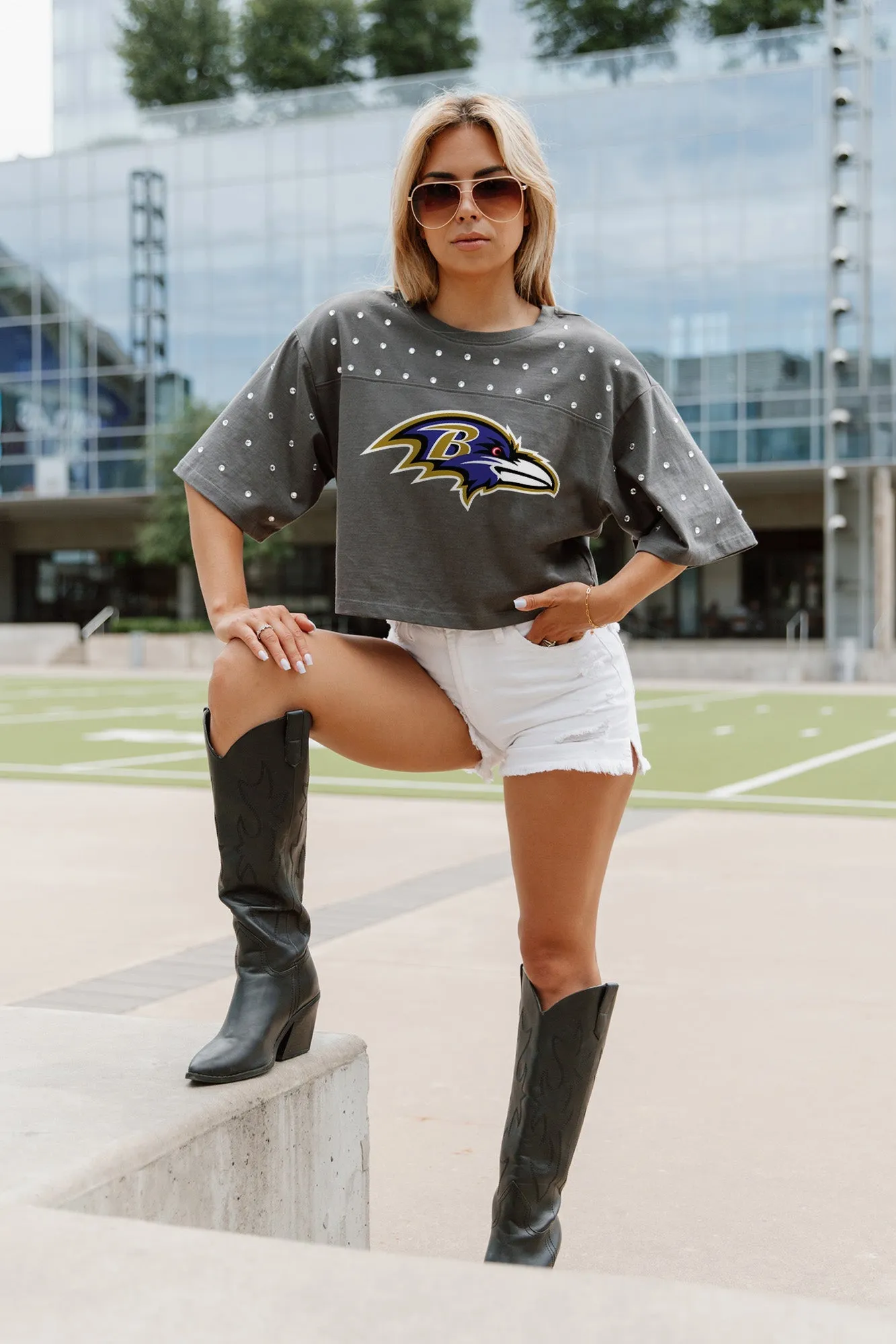 BALTIMORE RAVENS MAKING MOVES ALL-OVER RHINESTONE CROPPED TEE WITH YOKE