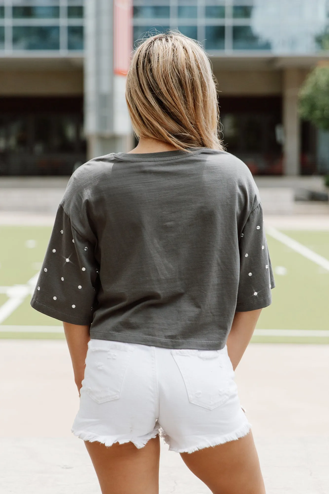 BALTIMORE RAVENS MAKING MOVES ALL-OVER RHINESTONE CROPPED TEE WITH YOKE