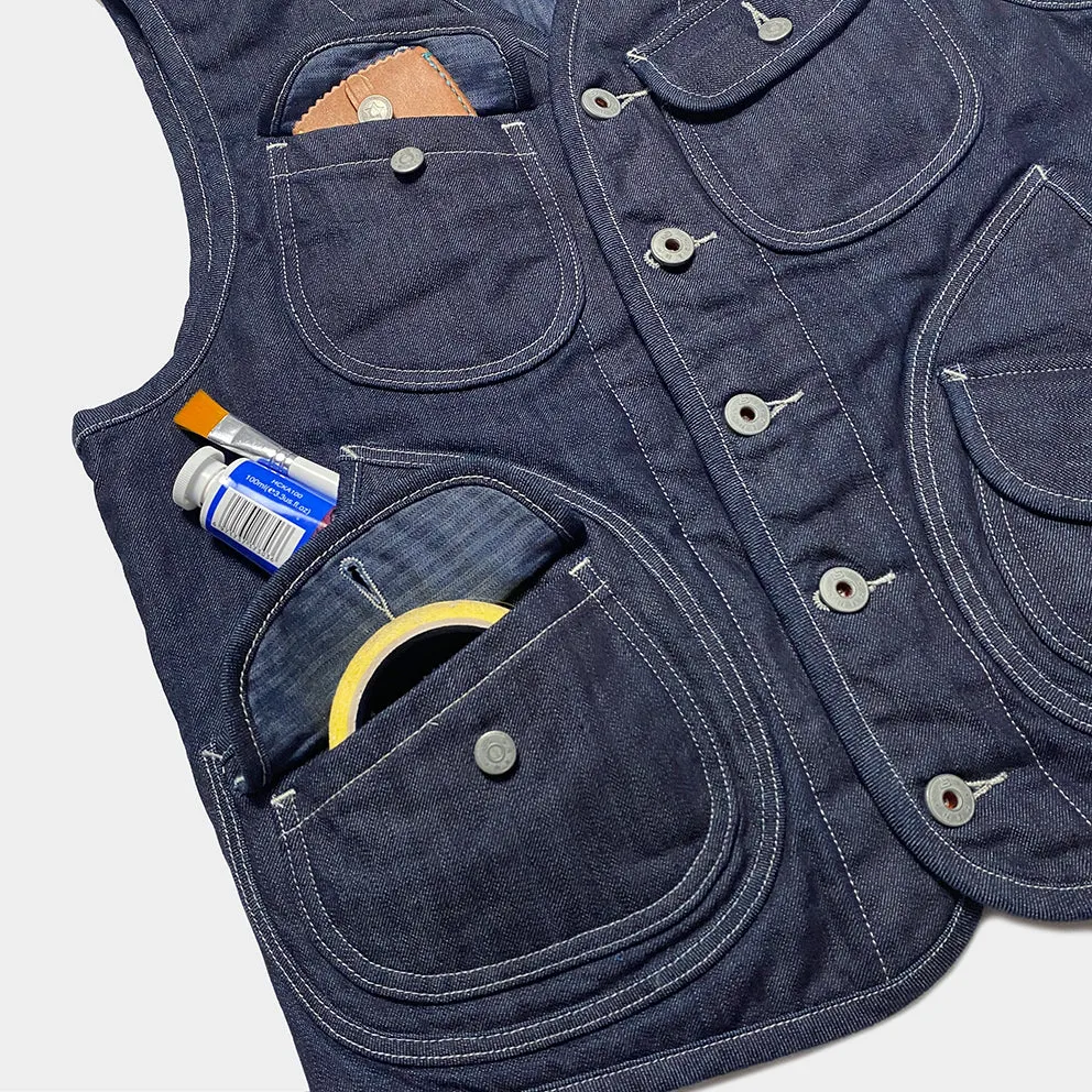 BZEN M.3203RR WATSON-R18 REGULAR FIT 6 POCKET VINTAGE INSPIRED LINED DENIM VEST-12OZ-HRH INDIGO