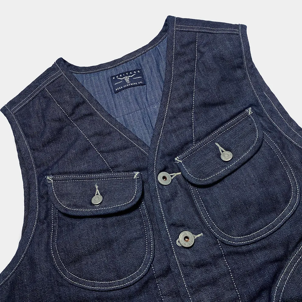 BZEN M.3203RR WATSON-R18 REGULAR FIT 6 POCKET VINTAGE INSPIRED LINED DENIM VEST-12OZ-HRH INDIGO