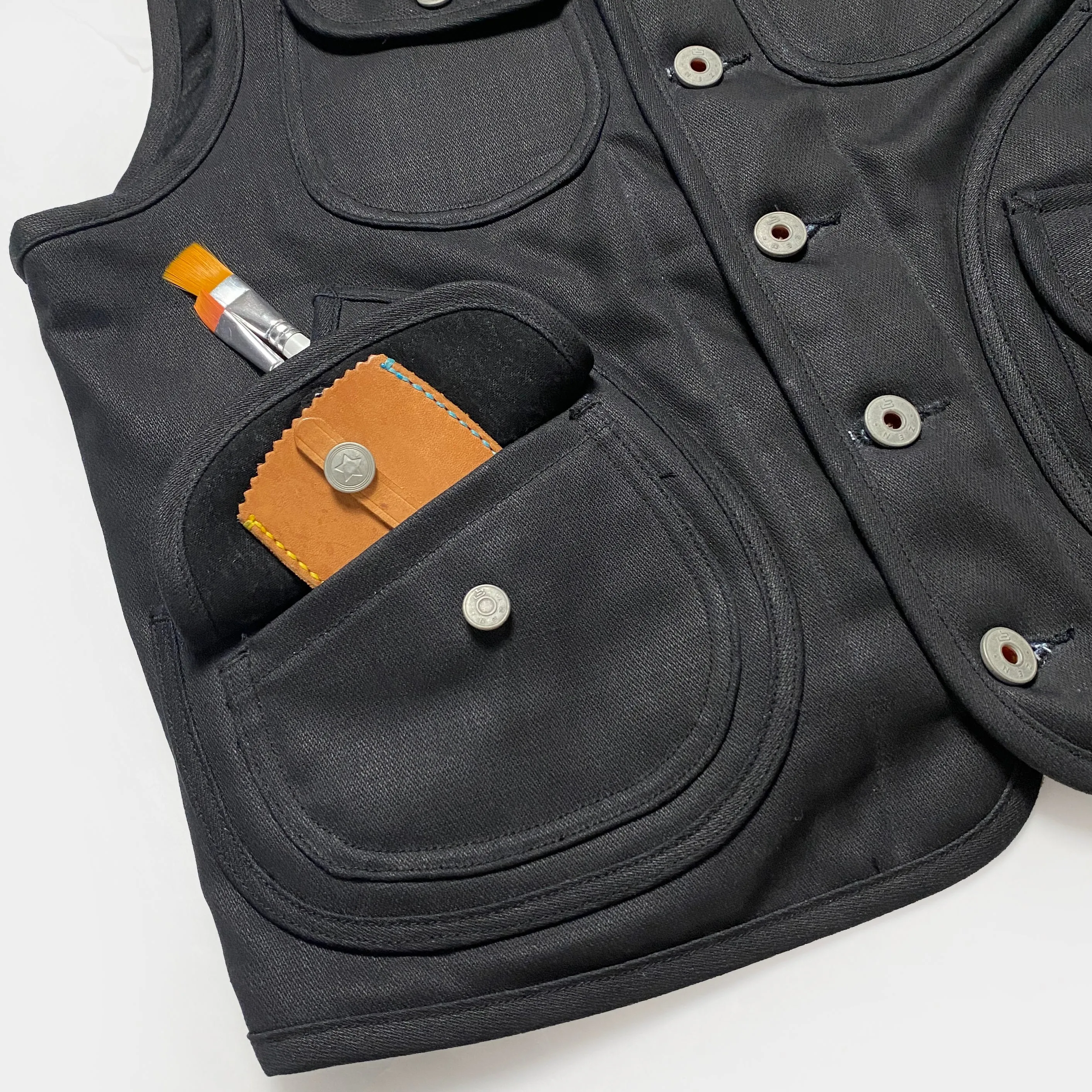 BZEN M.3203RR WATSON-WX REGULAR FIT 6 POCKET VINTAGE INSPIRED LINED WAX BLACK DENIM VEST-12OZ-WAX BLACK
