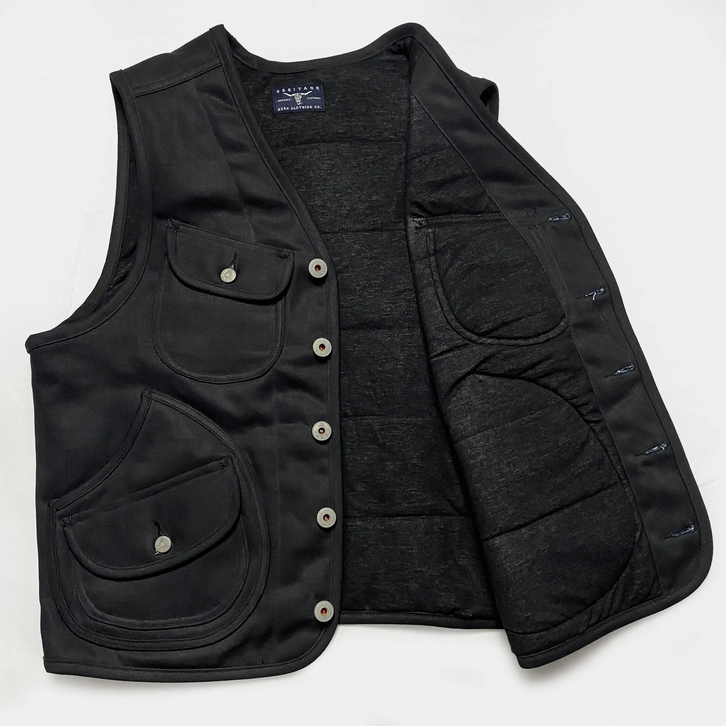 BZEN M.3203RR WATSON-WX REGULAR FIT 6 POCKET VINTAGE INSPIRED LINED WAX BLACK DENIM VEST-12OZ-WAX BLACK