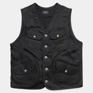 BZEN M.3203RR WATSON-WX REGULAR FIT 6 POCKET VINTAGE INSPIRED LINED WAX BLACK DENIM VEST-12OZ-WAX BLACK