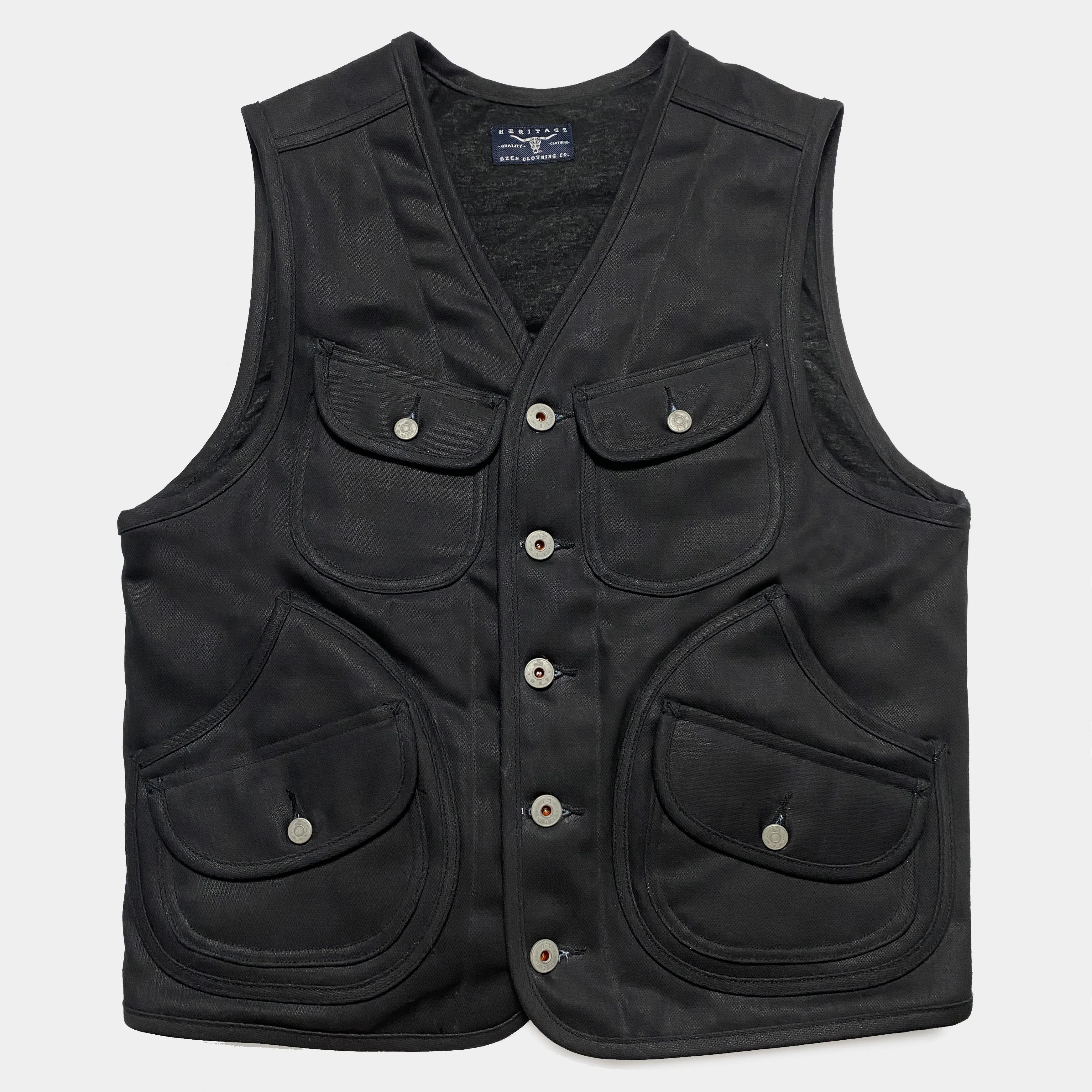BZEN M.3203RR WATSON-WX REGULAR FIT 6 POCKET VINTAGE INSPIRED LINED WAX BLACK DENIM VEST-12OZ-WAX BLACK