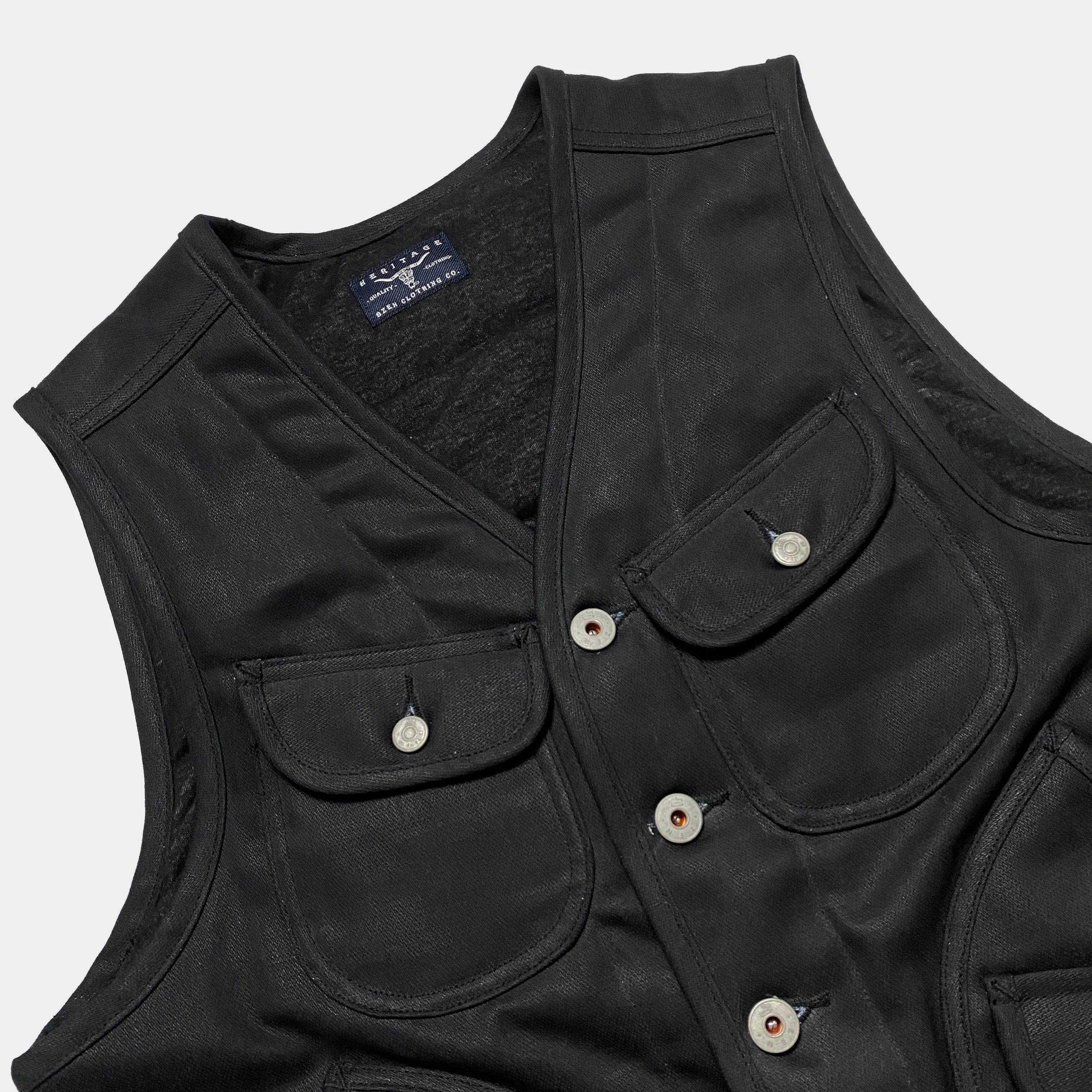 BZEN M.3203RR WATSON-WX REGULAR FIT 6 POCKET VINTAGE INSPIRED LINED WAX BLACK DENIM VEST-12OZ-WAX BLACK