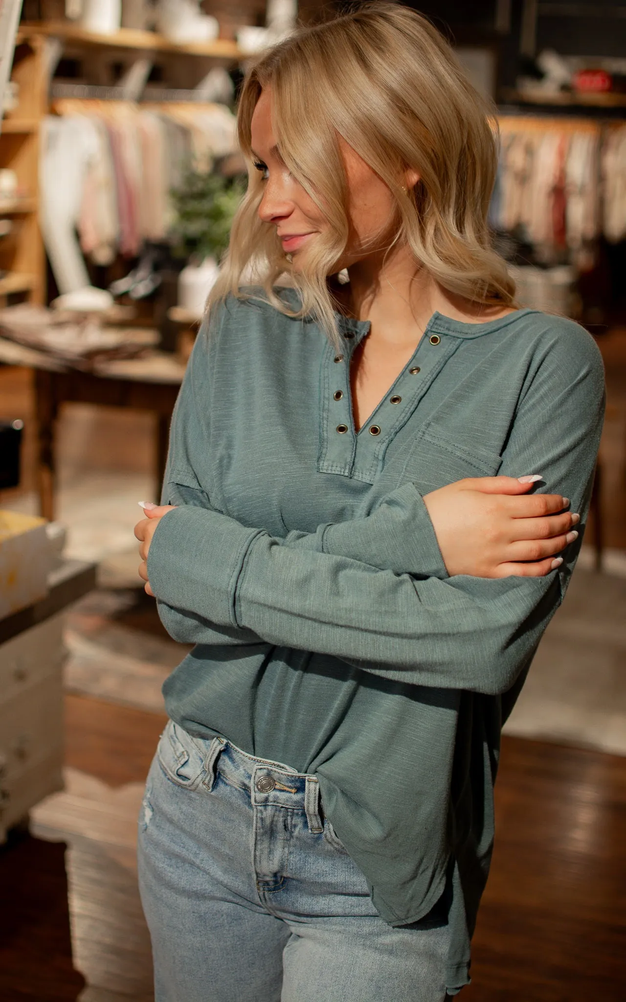 Chambray Eyelet Long Sleeve