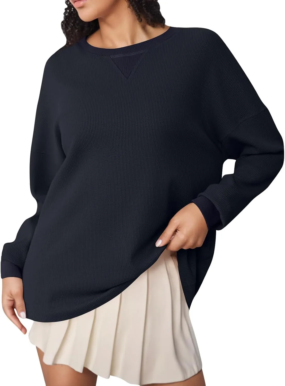 GOFULY Women'S Crewneck Sweatshirts Lightweight Waffle Knit Shirts Long Sleeve Fall Pullover Ribbed Color Block Sweatshirt
