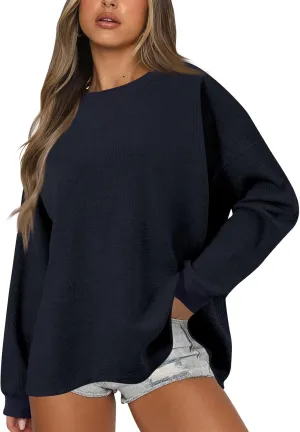 GOFULY Women'S Crewneck Sweatshirts Lightweight Waffle Knit Shirts Long Sleeve Fall Pullover Ribbed Color Block Sweatshirt