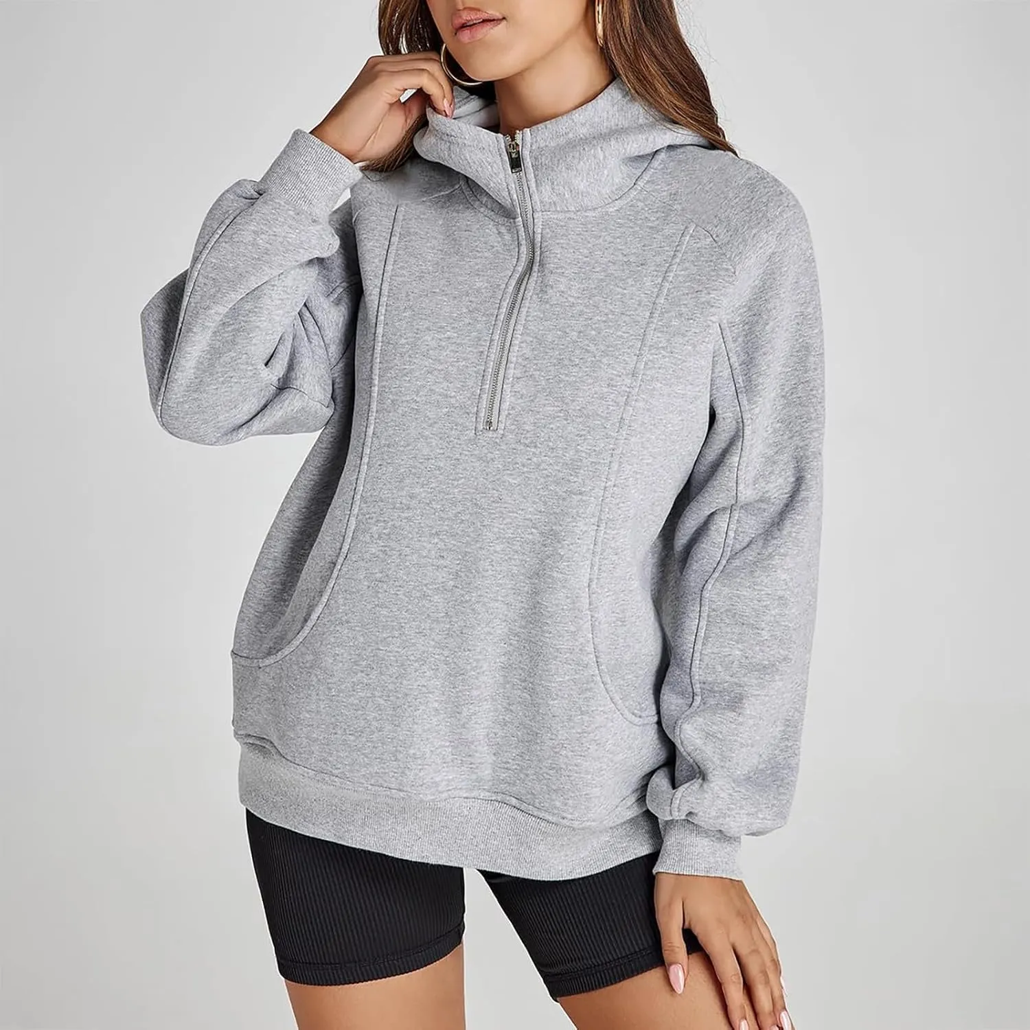 Half Zip Pullover Women Raglan Sleeve Hooded Fleece Sweatshirt with Pockets Relaxed Fit Oversized Hoodies Preppy Tops