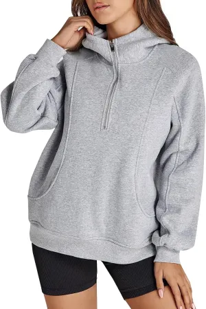 Half Zip Pullover Women Raglan Sleeve Hooded Fleece Sweatshirt with Pockets Relaxed Fit Oversized Hoodies Preppy Tops