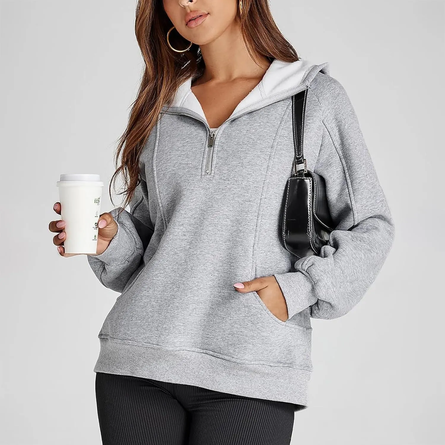 Half Zip Pullover Women Raglan Sleeve Hooded Fleece Sweatshirt with Pockets Relaxed Fit Oversized Hoodies Preppy Tops