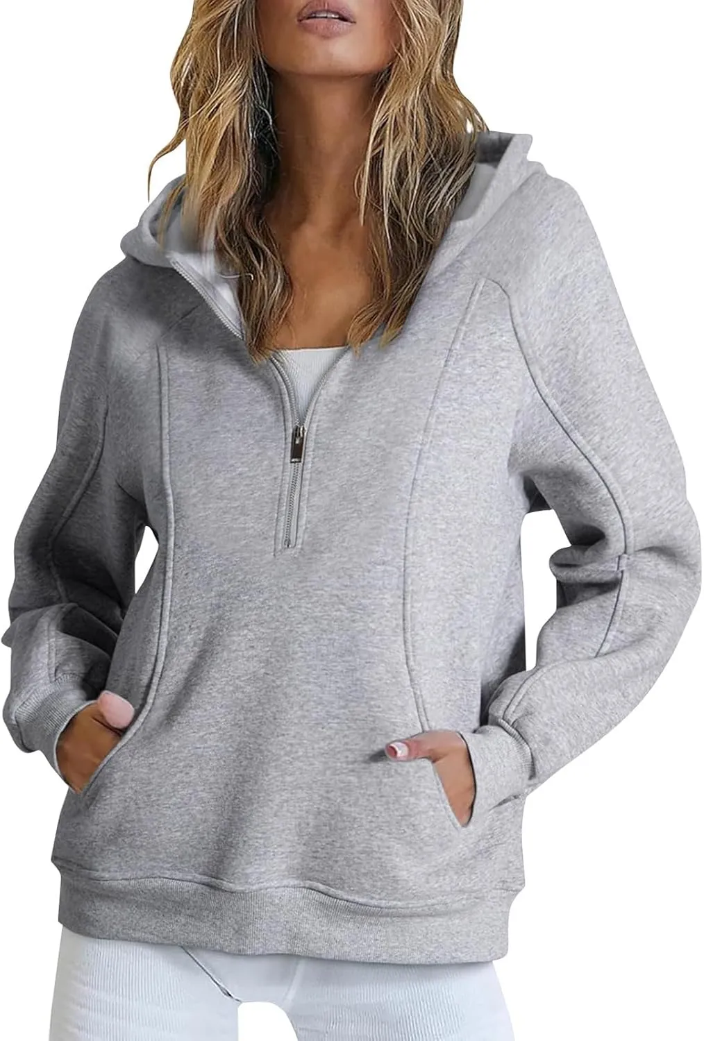 Half Zip Pullover Women Raglan Sleeve Hooded Fleece Sweatshirt with Pockets Relaxed Fit Oversized Hoodies Preppy Tops