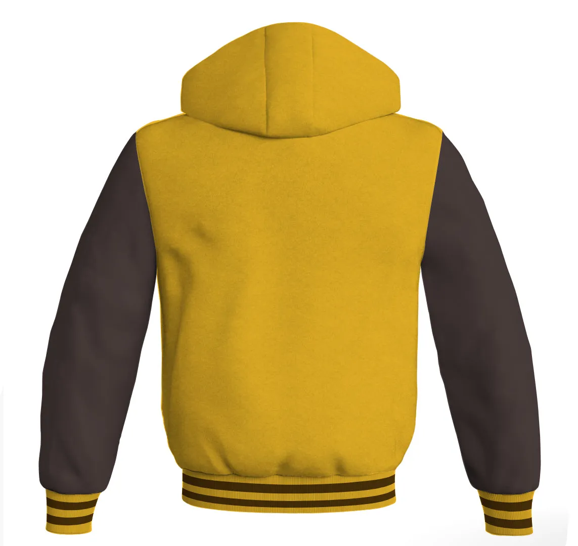 Letterman Bomber Hoodie Jacket Gold/Yellow Body Brown Leather Sleeves