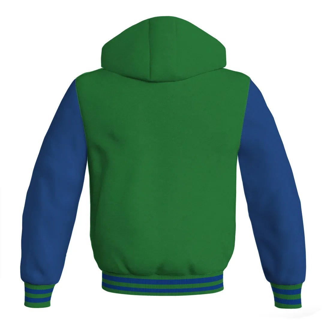 Letterman Bomber Hoodie Jacket Green Body Blue Leather Sleeves