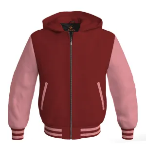 Letterman Bomber Hoodie Jacket Maroon Body Pink Leather Sleeves