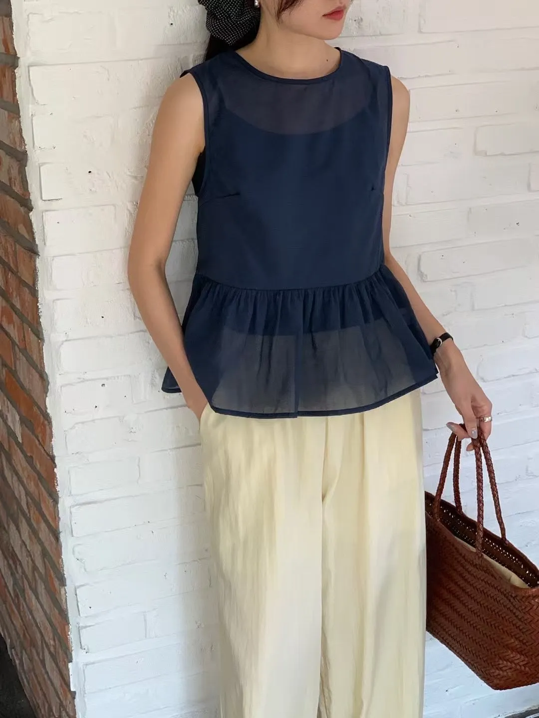Navy chiffon peplum vest w/ cami inner set