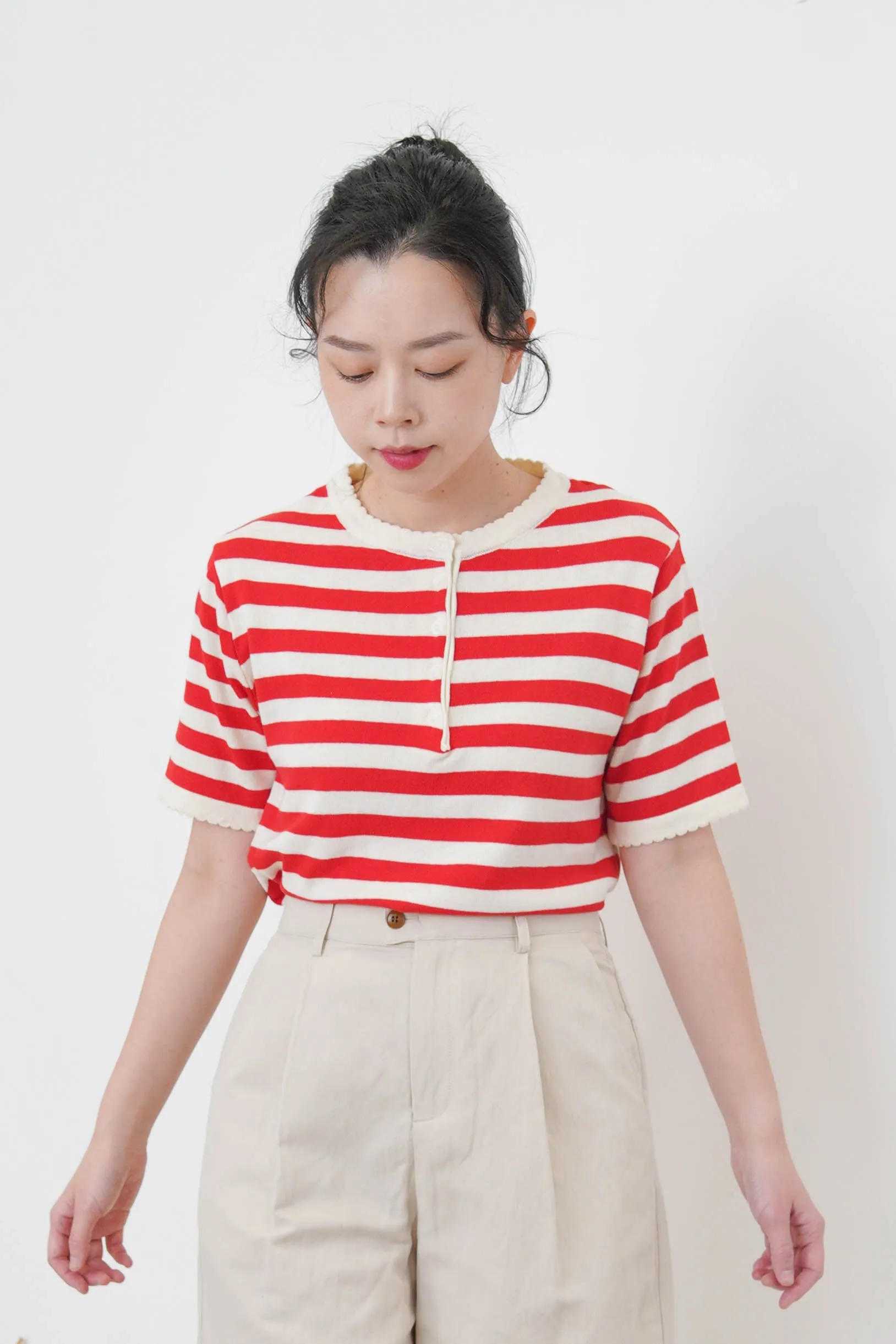 Navy Stripes top w/ waved fringe