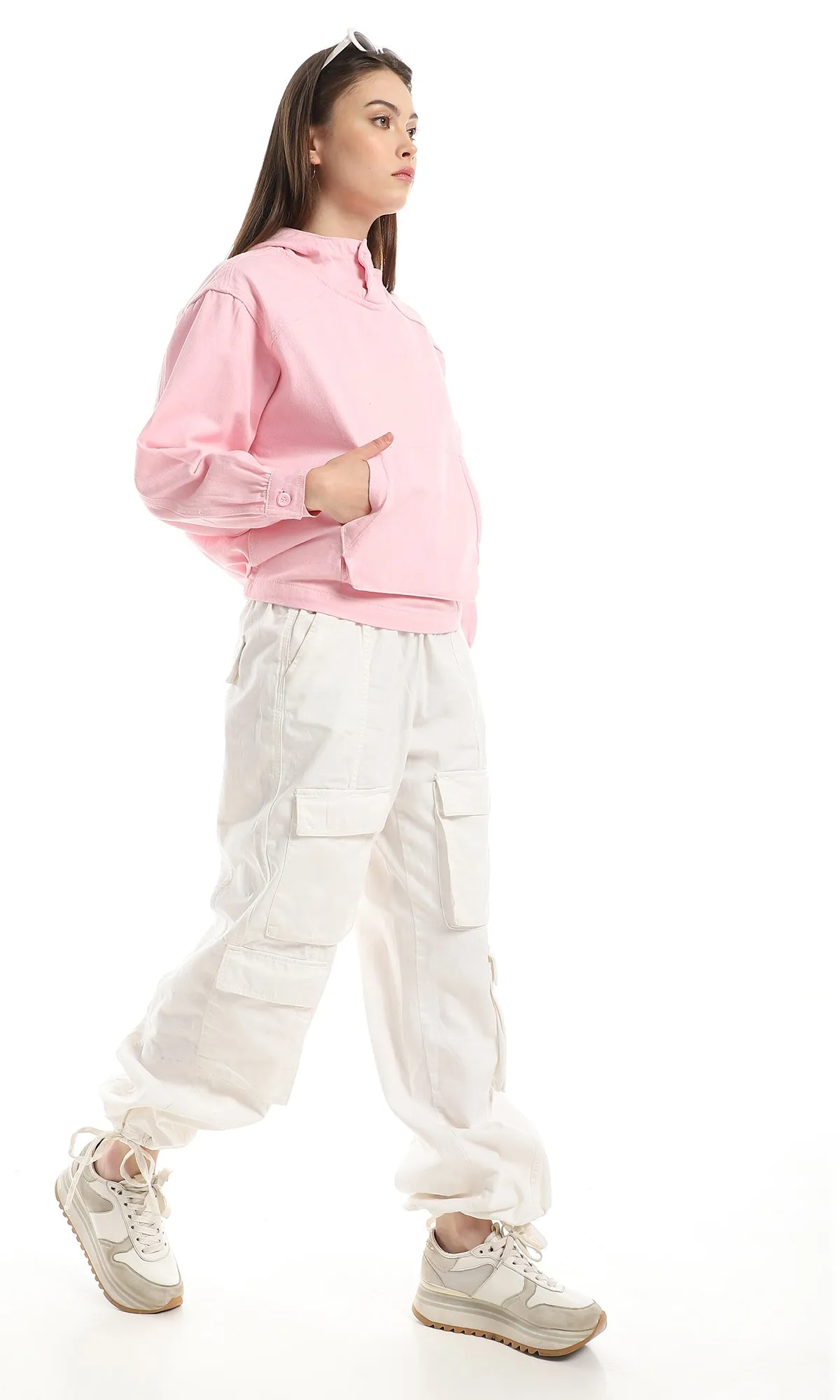 O158537 Buttoned Cotton Denim Solid Hoodie - Rose