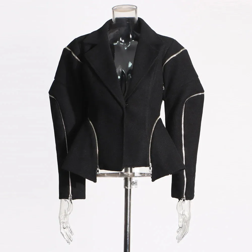Patchwork Zipper Irregular Notched Collar Long Sleeve Jacket