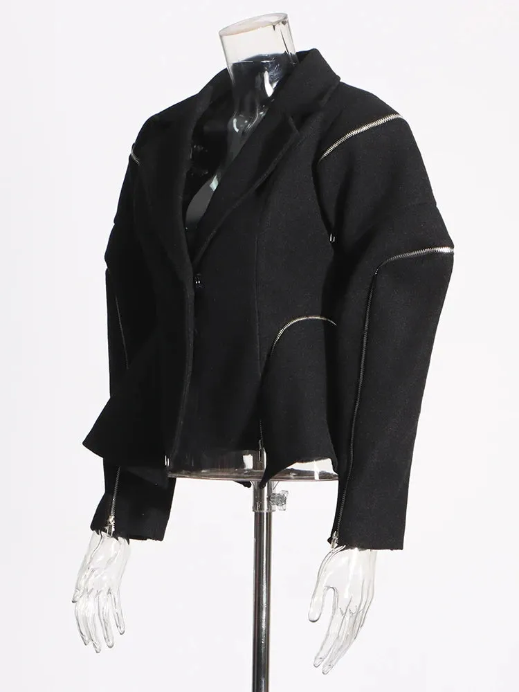 Patchwork Zipper Irregular Notched Collar Long Sleeve Jacket