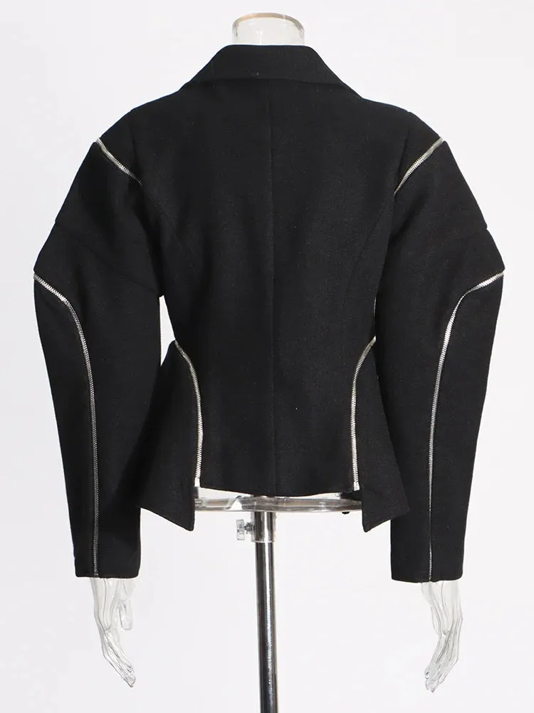 Patchwork Zipper Irregular Notched Collar Long Sleeve Jacket