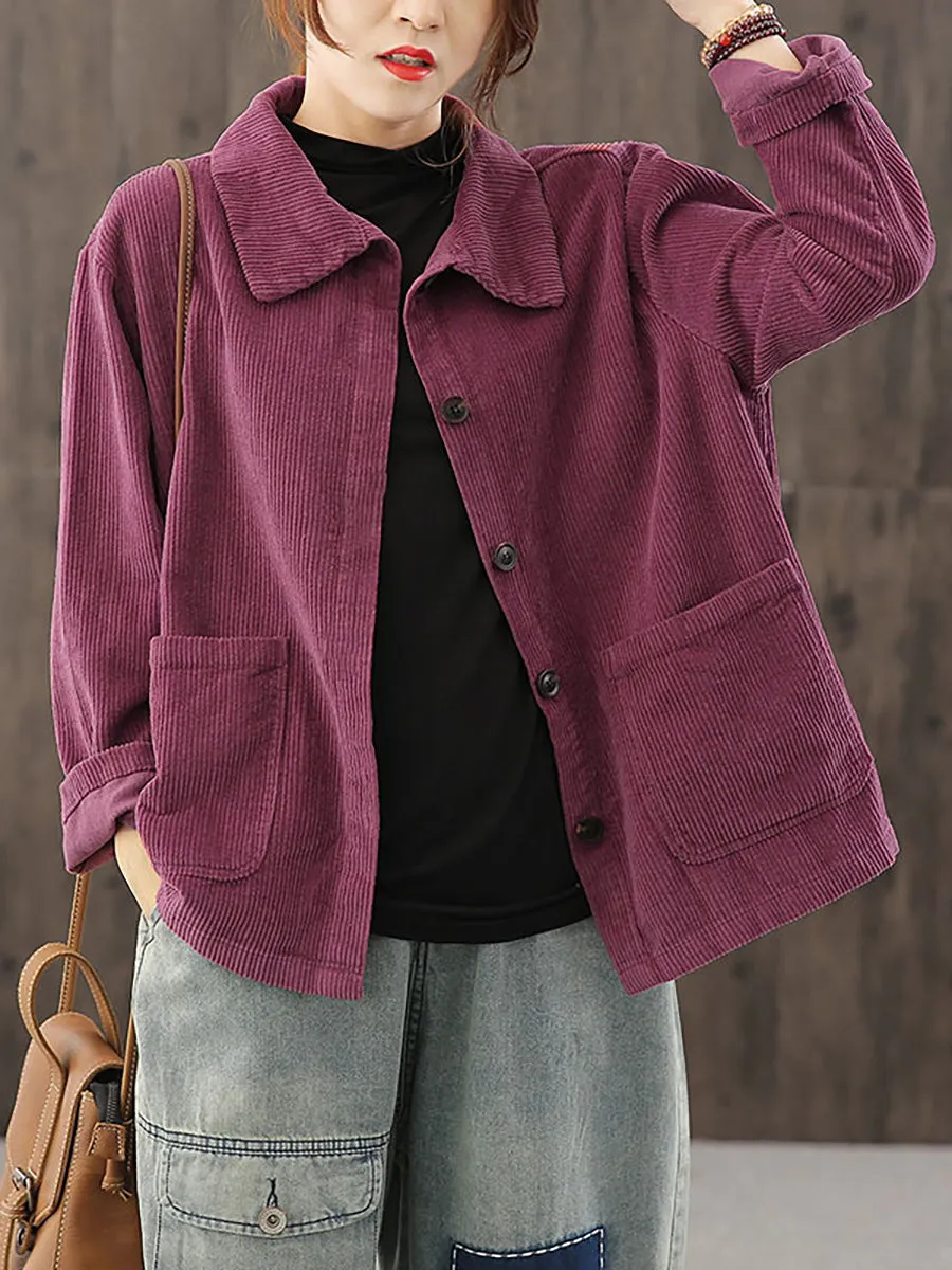 Plus Size Women Autumn Pure Color Pocket Corduroy Jacket