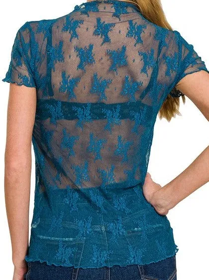 Short Sleeve Lace Layer Top   Teal