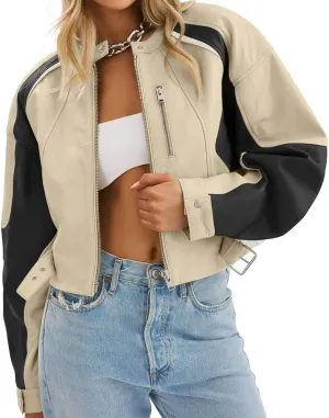 Tankaneo Womens Faux Leather Bomber Jackets Cropped Zip Up Color Block Fall Casual Moto Biker Coats