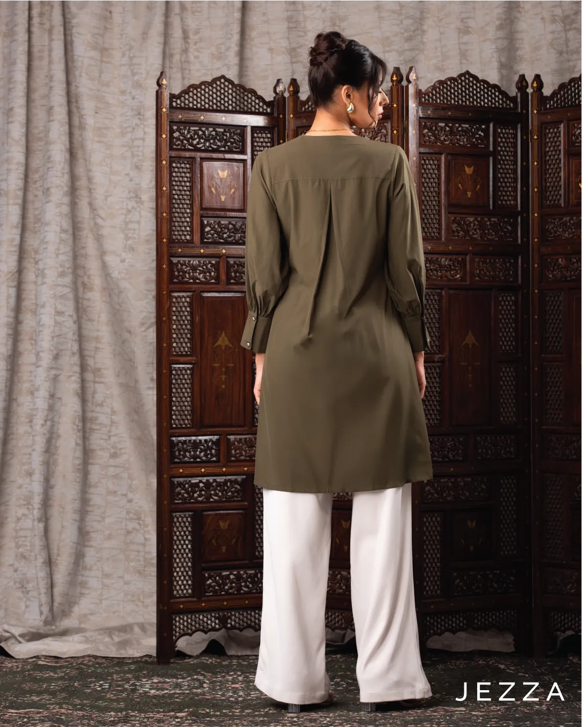 V-Neck Button Detail Knee-Length Top 62041