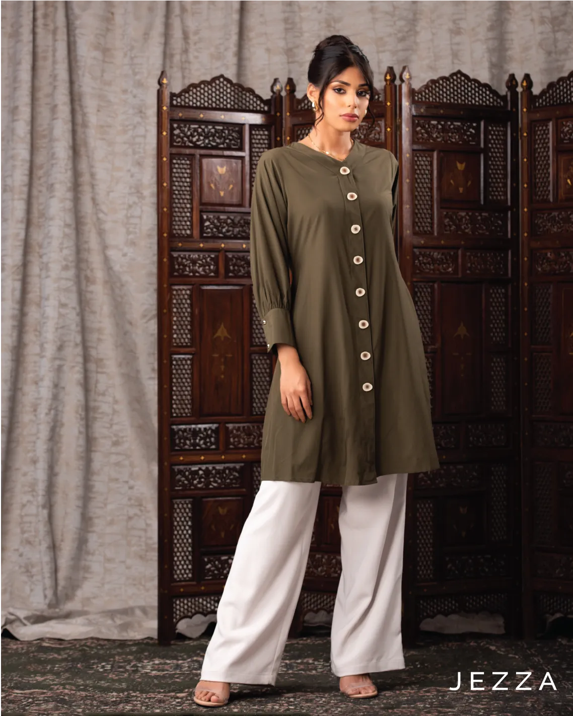 V-Neck Button Detail Knee-Length Top 62041