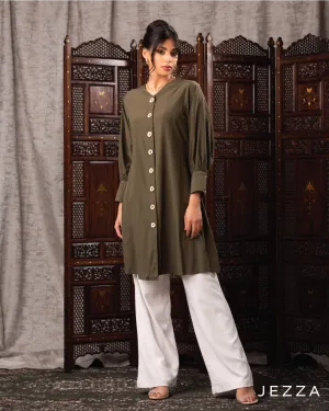 V-Neck Button Detail Knee-Length Top 62041