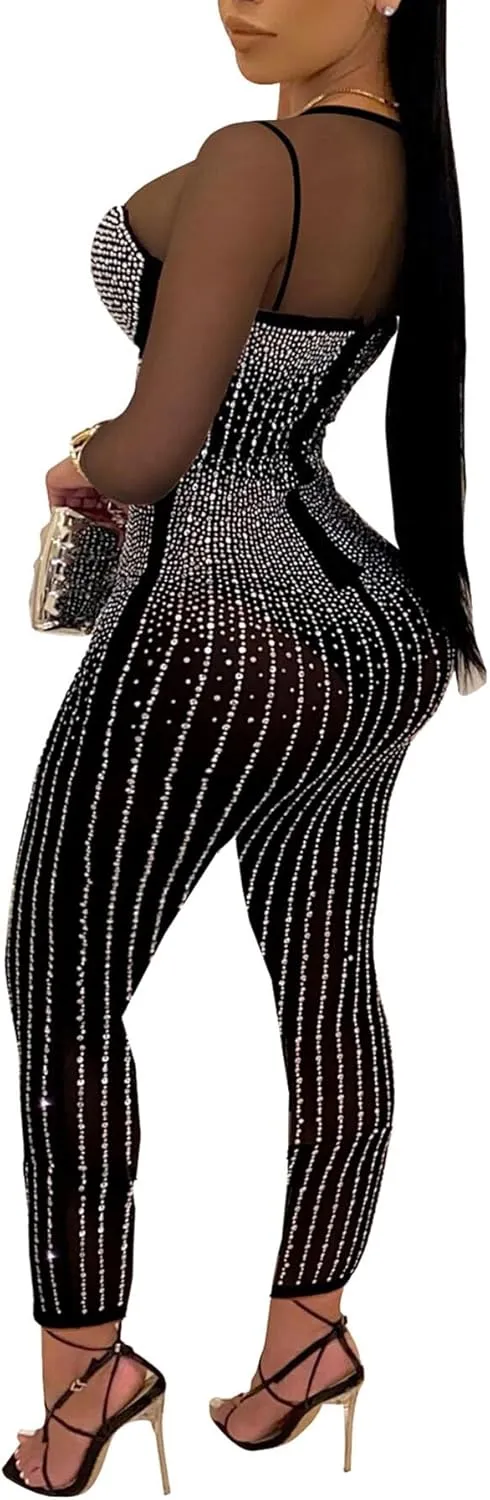 Women Sexy Sparkly Rhinestone Bodycon Jumpsuit Mesh See Through Party Club Night Outfit