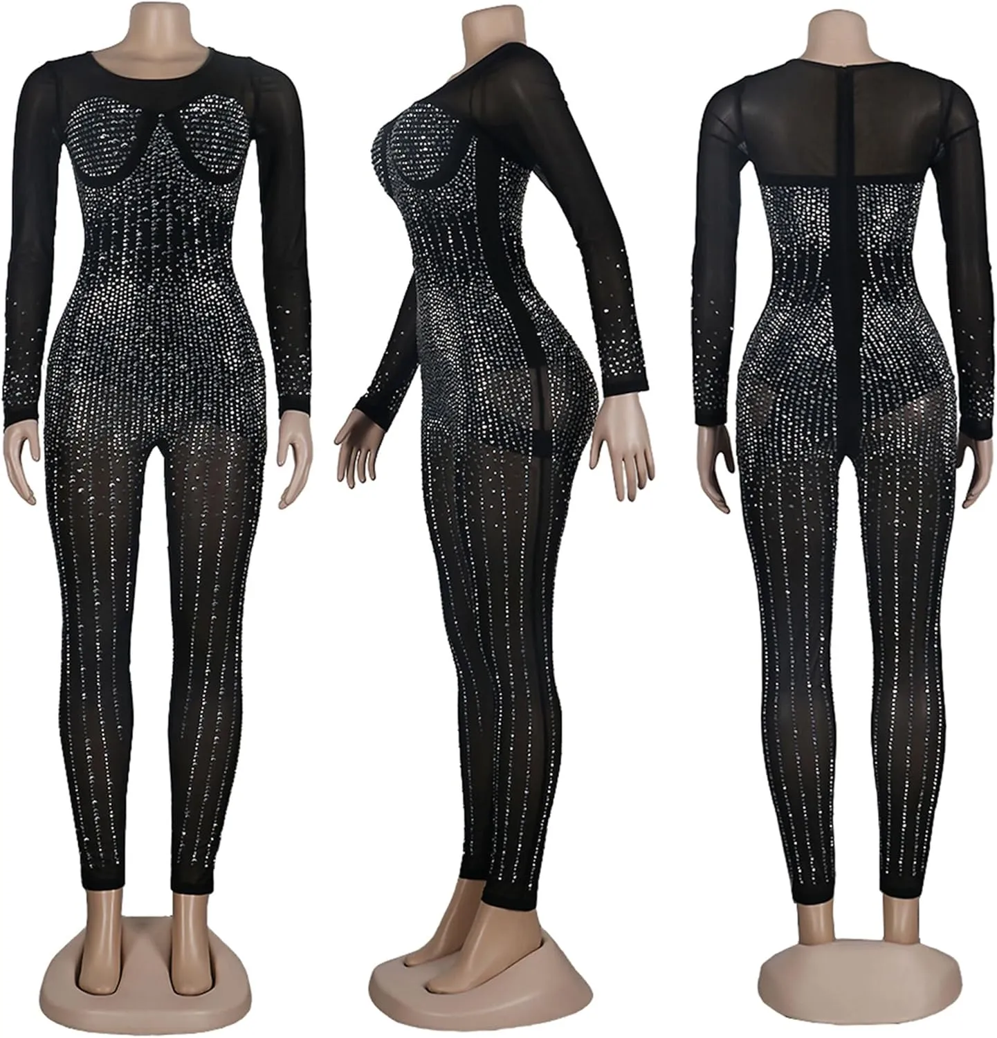 Women Sexy Sparkly Rhinestone Bodycon Jumpsuit Mesh See Through Party Club Night Outfit