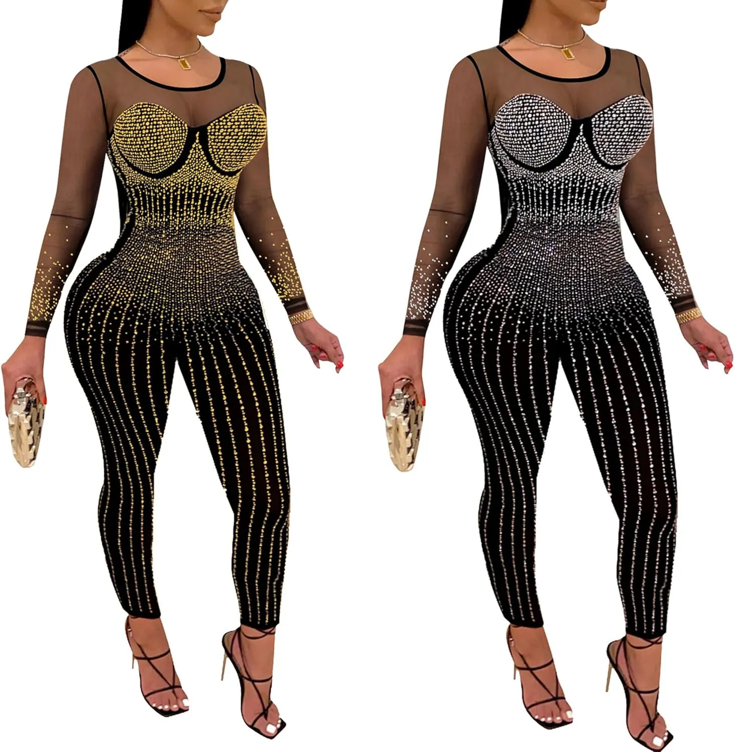 Women Sexy Sparkly Rhinestone Bodycon Jumpsuit Mesh See Through Party Club Night Outfit
