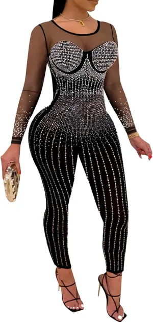 Women Sexy Sparkly Rhinestone Bodycon Jumpsuit Mesh See Through Party Club Night Outfit
