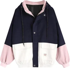 Women's Corduroy Hoodie Jacket Vintage Color Block Long Sleeve Coat Oversized Zipper Cargo Jackets with Pockets