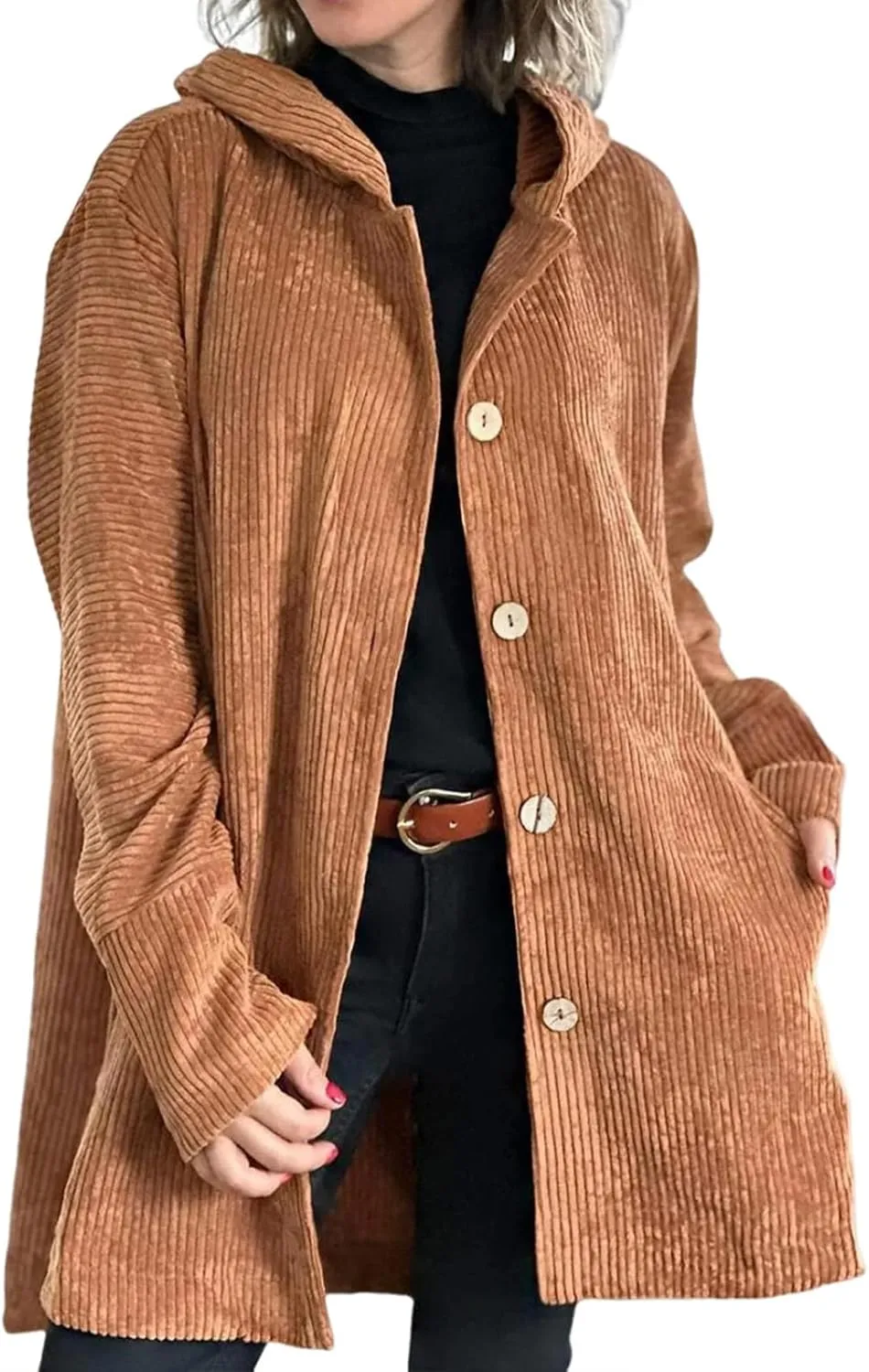 Womens Corduroy Jacket with Hood Oversized Button Down Long Sleeve Hoodie Waffle Knit Shacket