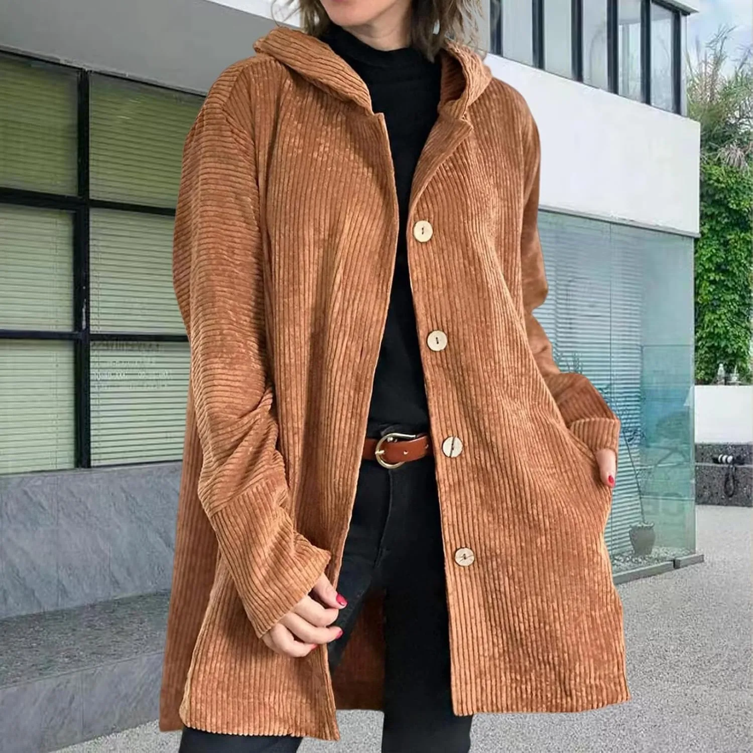 Womens Corduroy Jacket with Hood Oversized Button Down Long Sleeve Hoodie Waffle Knit Shacket