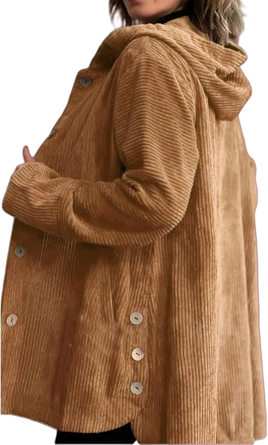 Womens Corduroy Jacket with Hood Oversized Button Down Long Sleeve Hoodie Waffle Knit Shacket