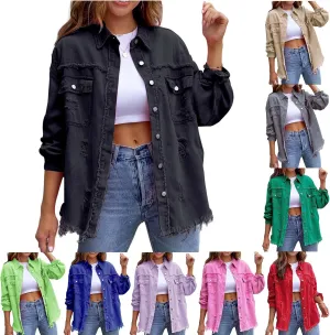 Womens Denim Jacket Oversized Button Up Frayed Hem Shacket Jean Coat Distressed Shirts Long Sleeve Trucker Coats Tops