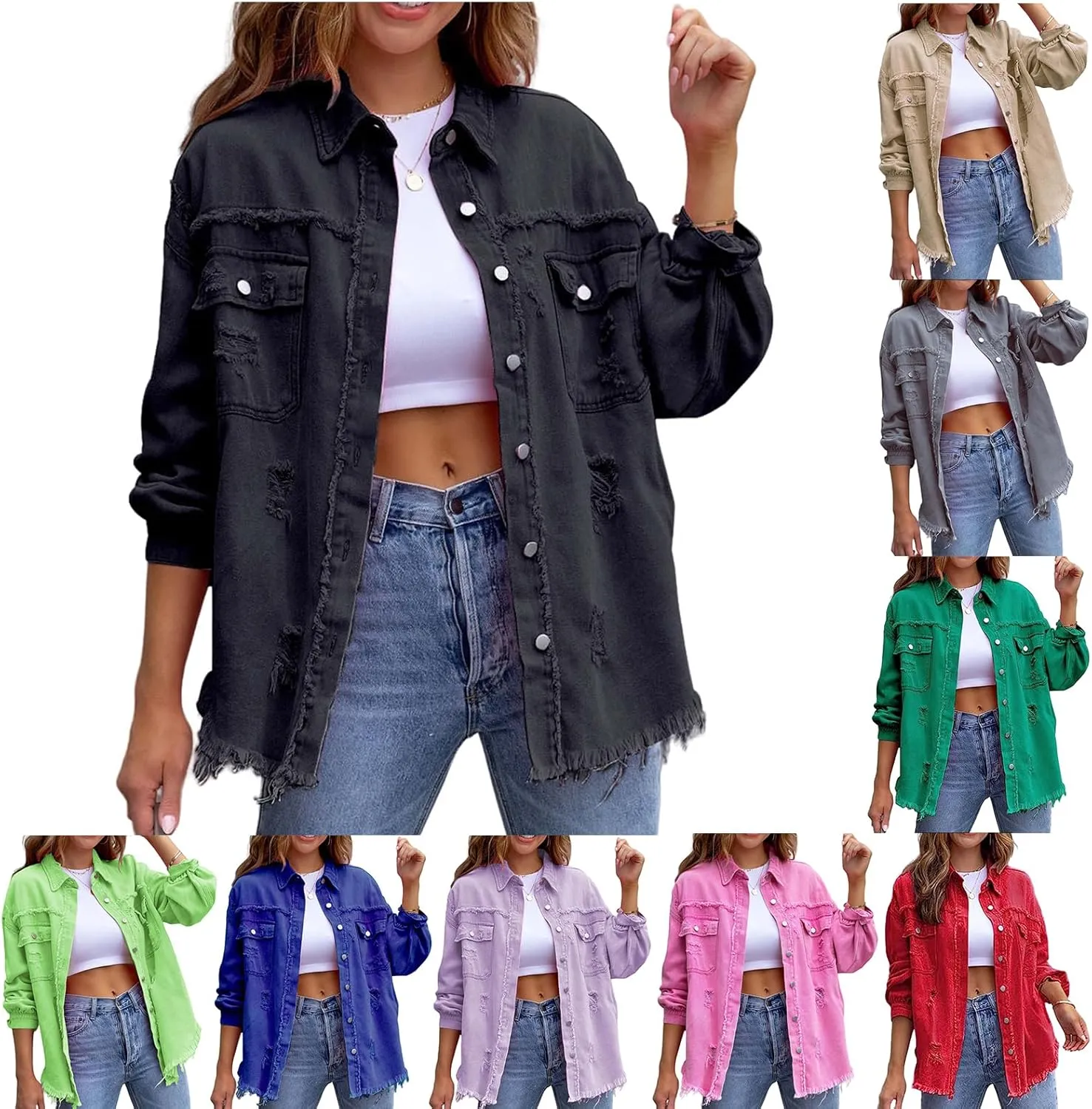 Womens Denim Jacket Oversized Button Up Frayed Hem Shacket Jean Coat Distressed Shirts Long Sleeve Trucker Coats Tops