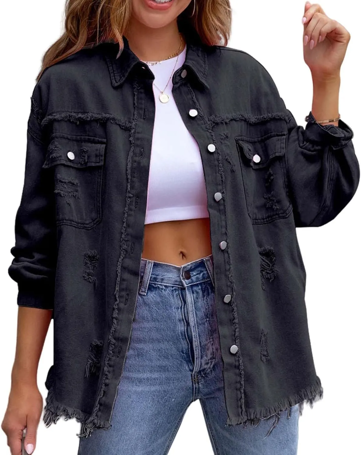 Womens Denim Jacket Oversized Button Up Frayed Hem Shacket Jean Coat Distressed Shirts Long Sleeve Trucker Coats Tops