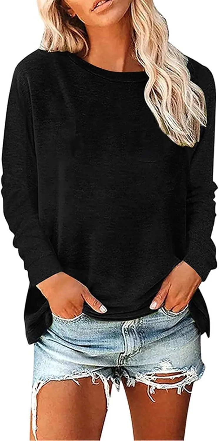 Womens Fashion Blouse Fitted Long Sleeves Crewneck Sweatshirt Solid Color Tops Pullover Casual Loose Hoodies