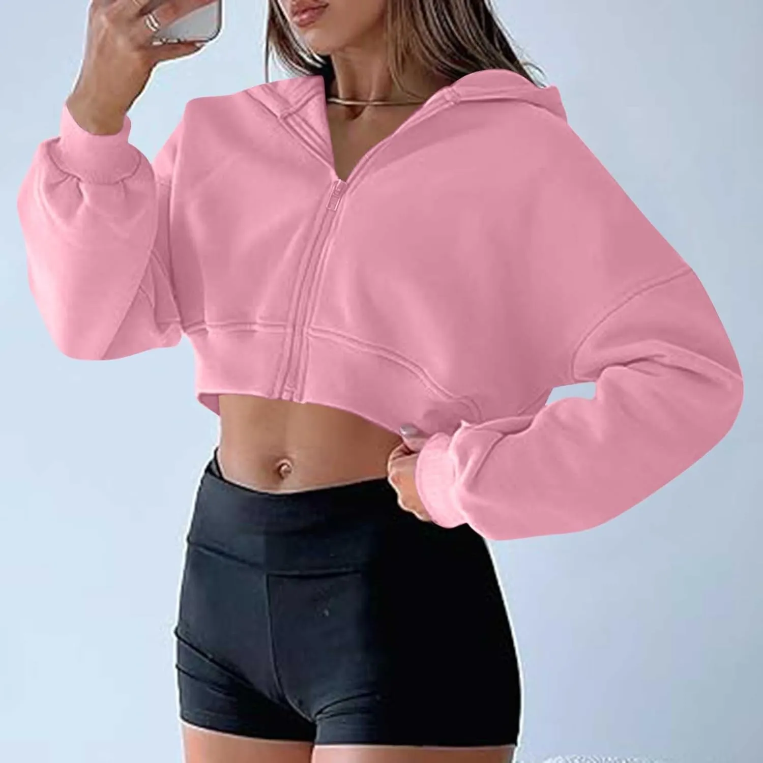 Womens Zip Up Cropped Sweatshirts Hoodie Long Sleeve Jacket Trendy Y2K Crop Tops 2024 Fashion Outfits Clothing